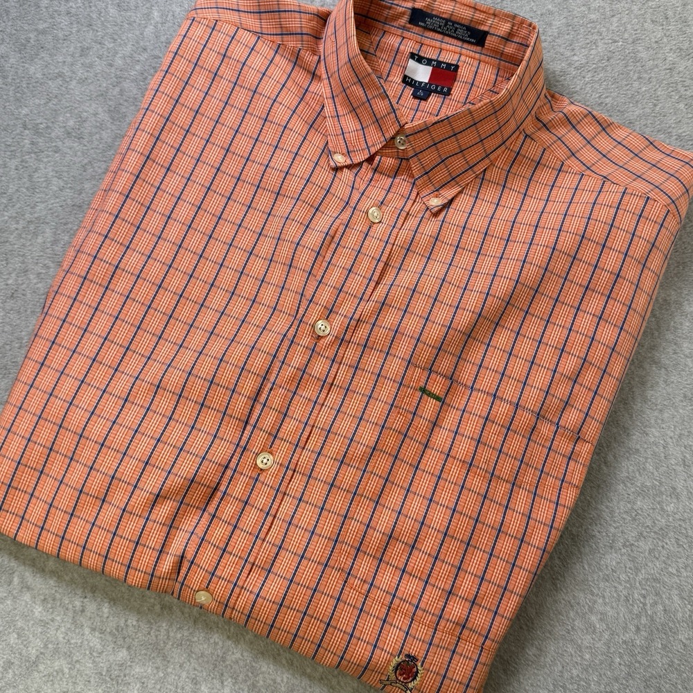 Vintage 90's Tommy Hilfiger Men's Plaid Button Down Shirt Orange Blue Crest L